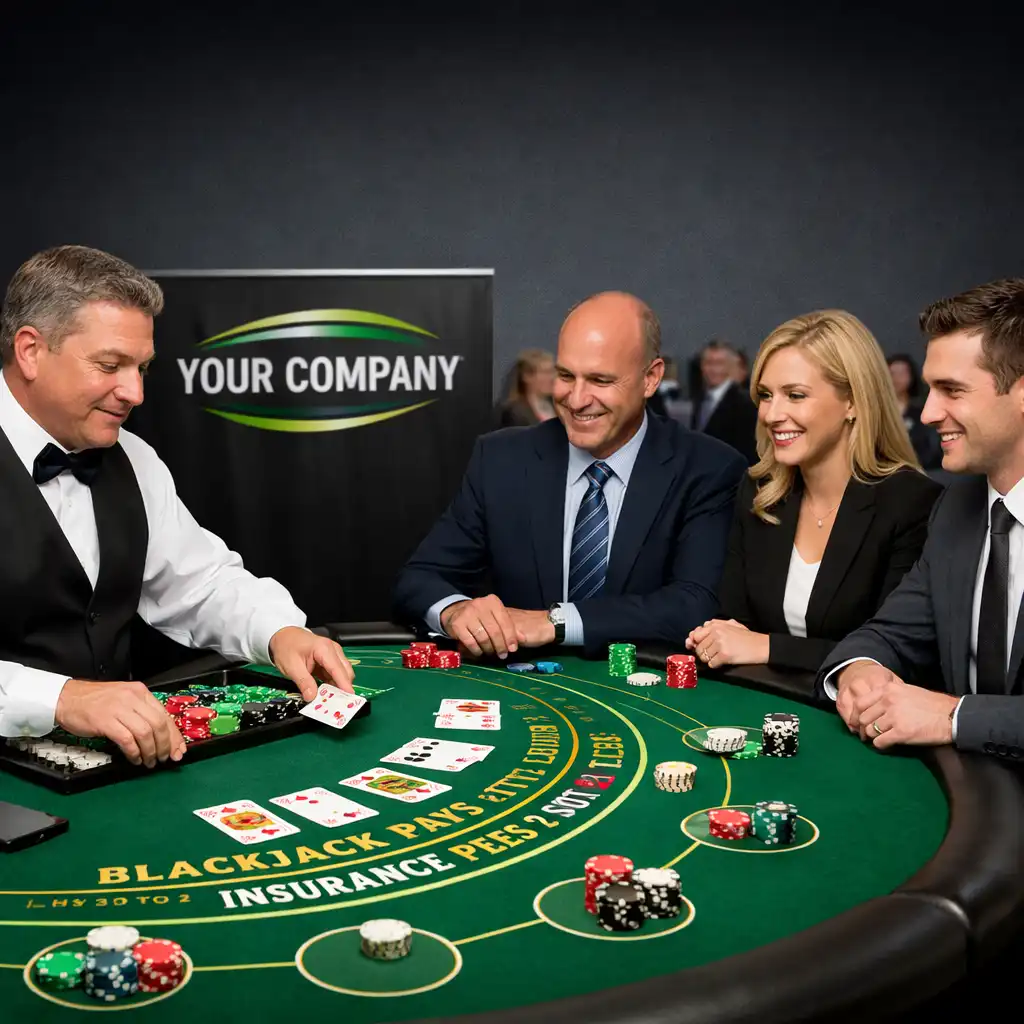 Blackjack table with dealer and guests at a corporate event