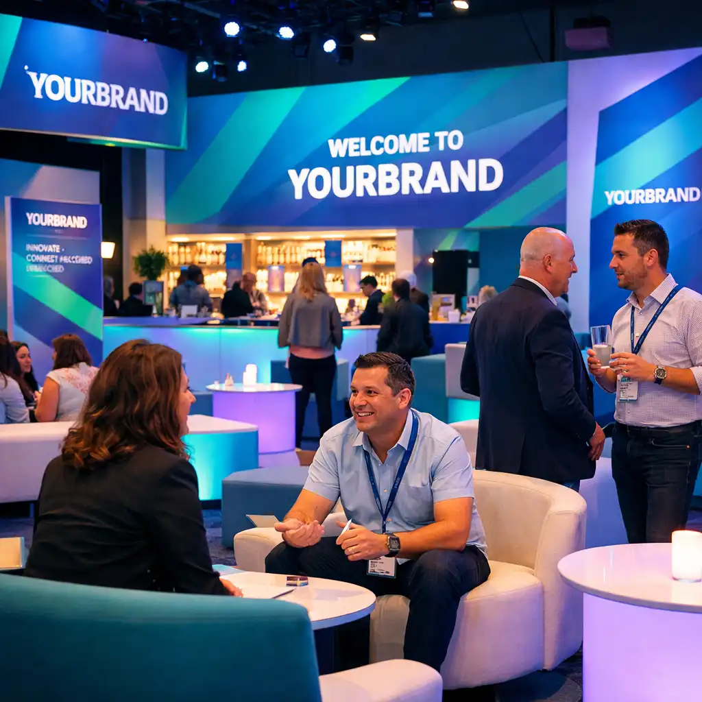 A branded event environment with custom signage, branded furniture, and lighting in brand colours