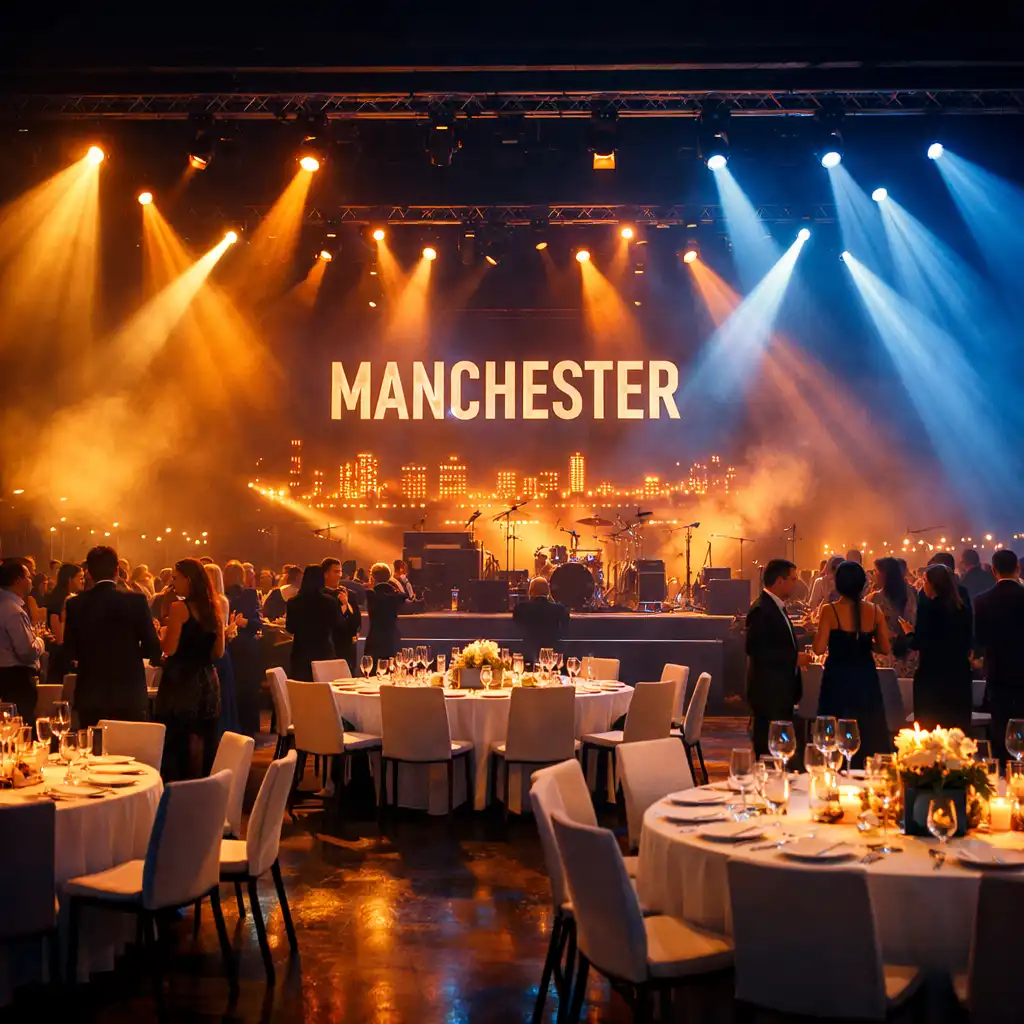 Transformed event venue with dramatic stage lighting, elegant tables, and guests mingling