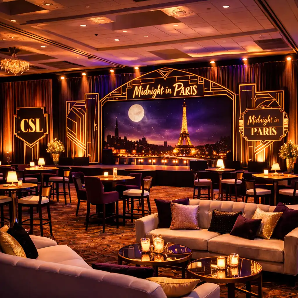 Conference hall after art deco transformation with warm lighting and branded signage