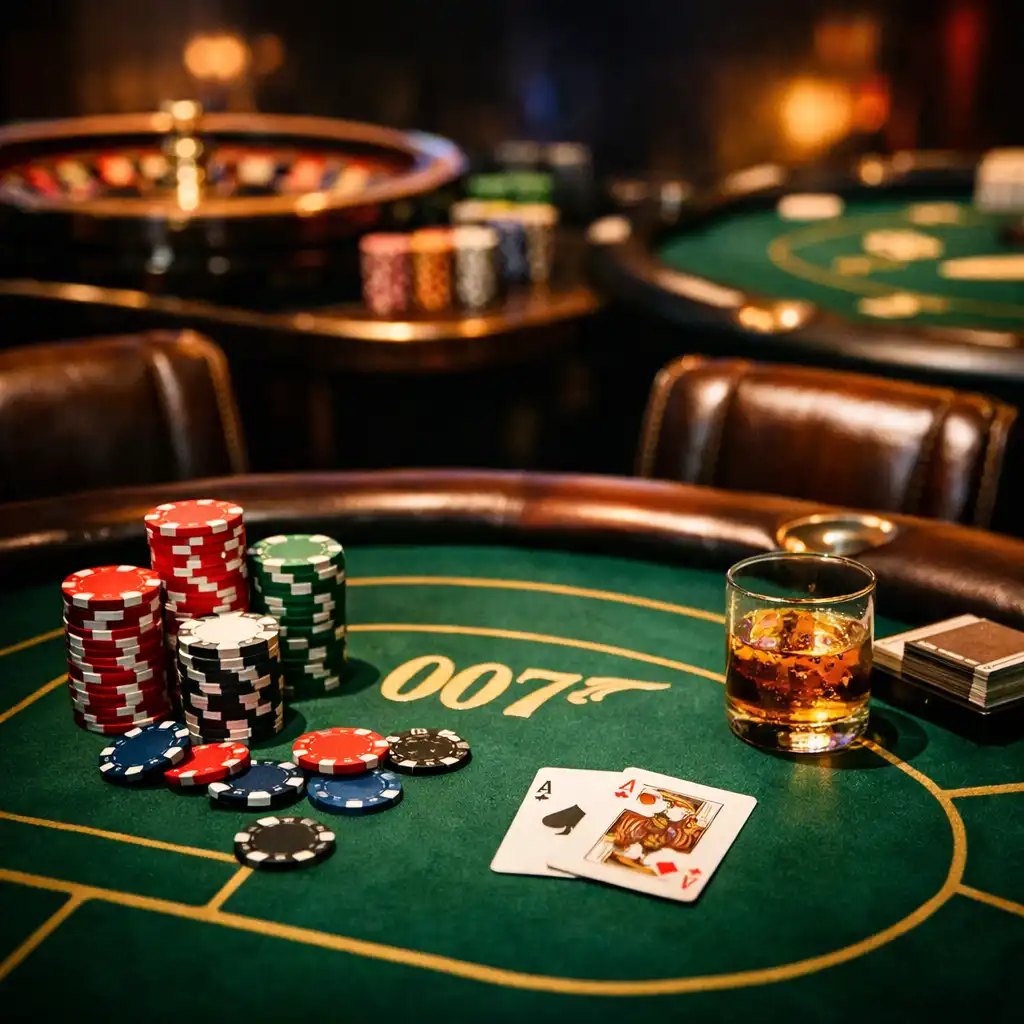 Physical poker table with dramatic spotlighting at a James Bond-themed birthday party