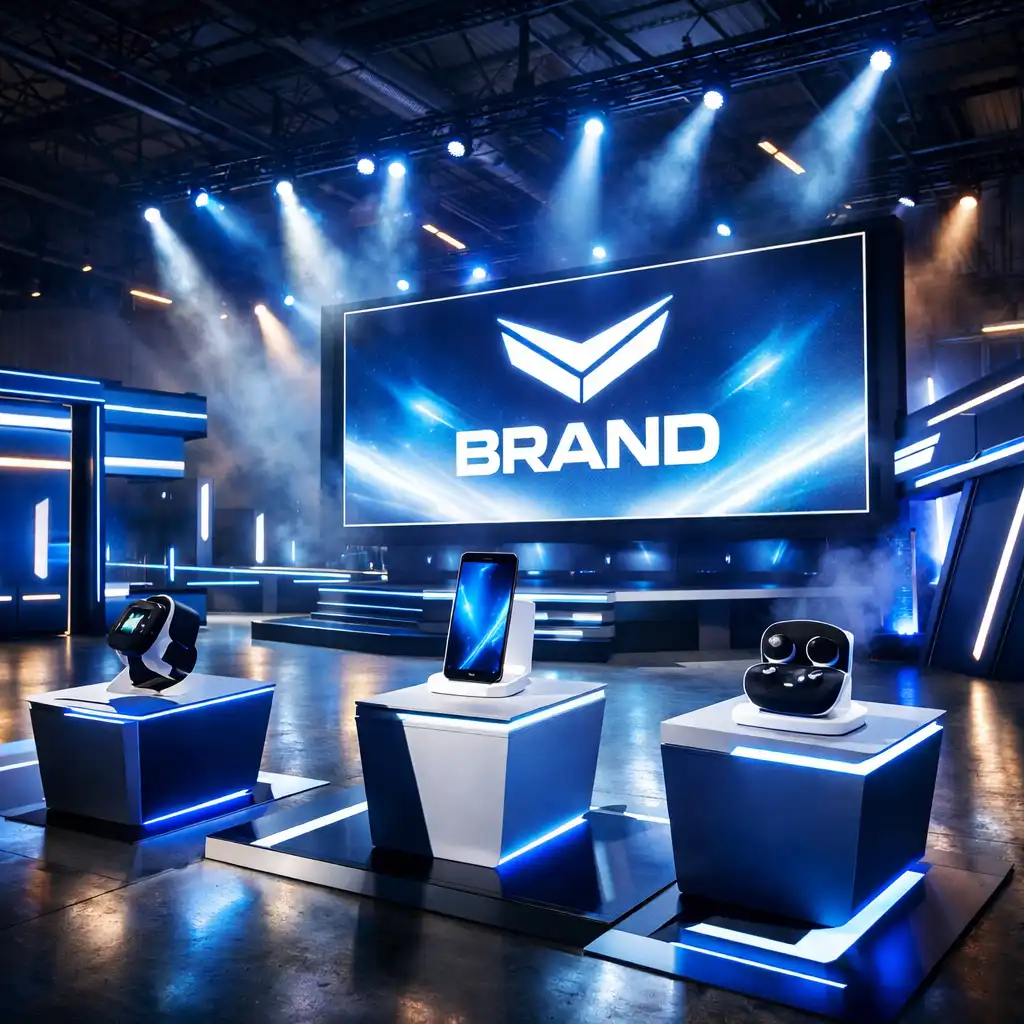 Futuristic branded environment with LED lighting and product demo stations at a tech launch