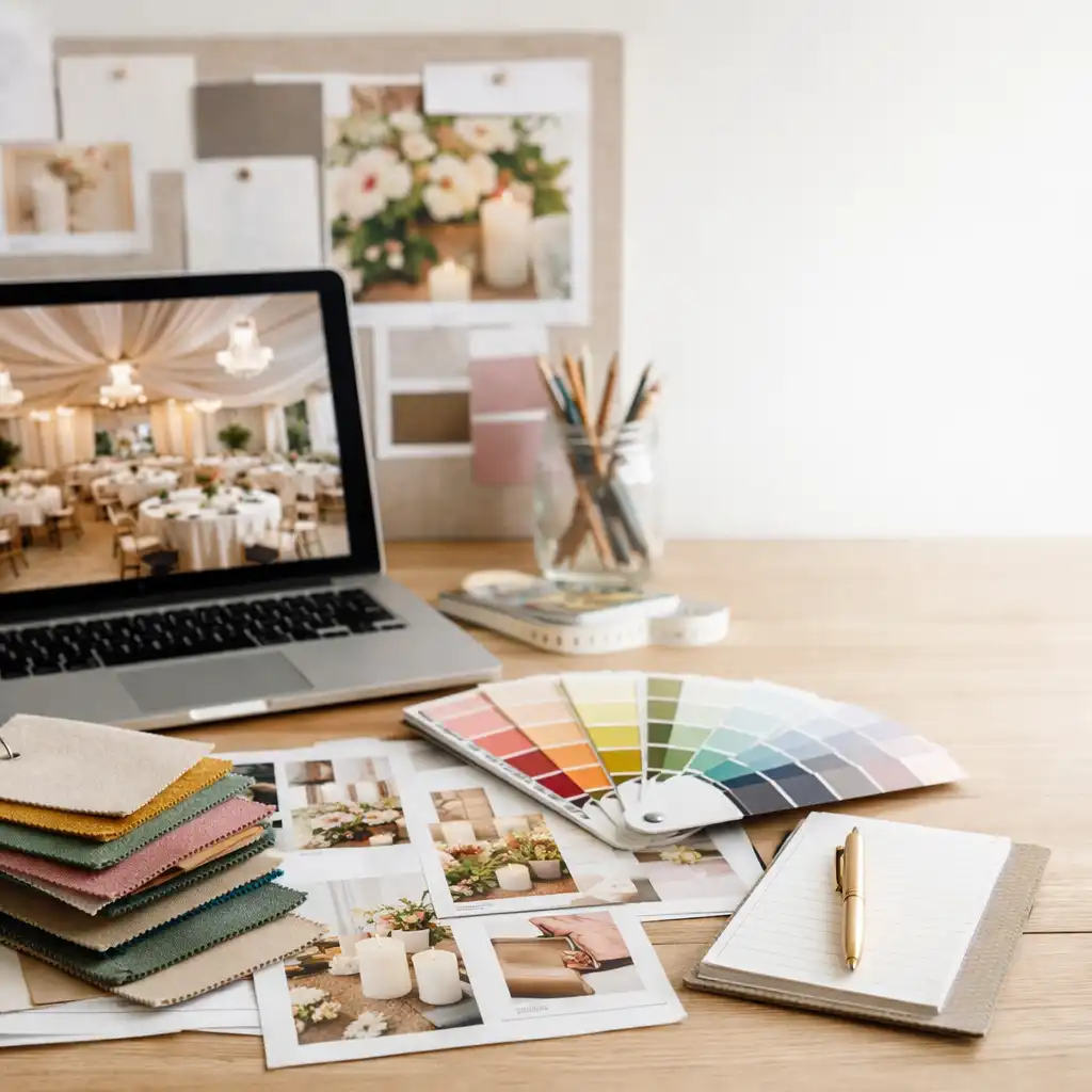 Designer's desk with mood boards, fabric swatches, colour palettes, and a laptop showing a 3D venue render