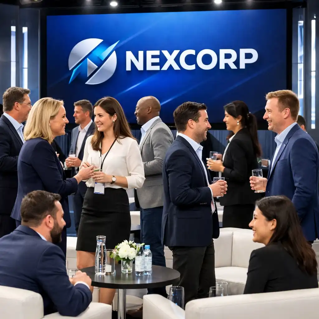 A corporate event in progress with a branded environment, sleek furniture, and guests networking