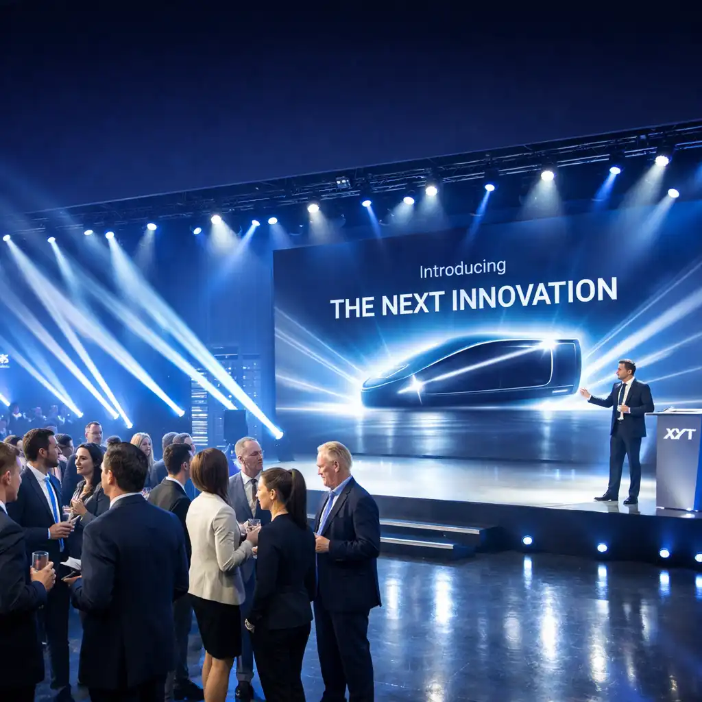 Corporate product launch event with stage and branded decor