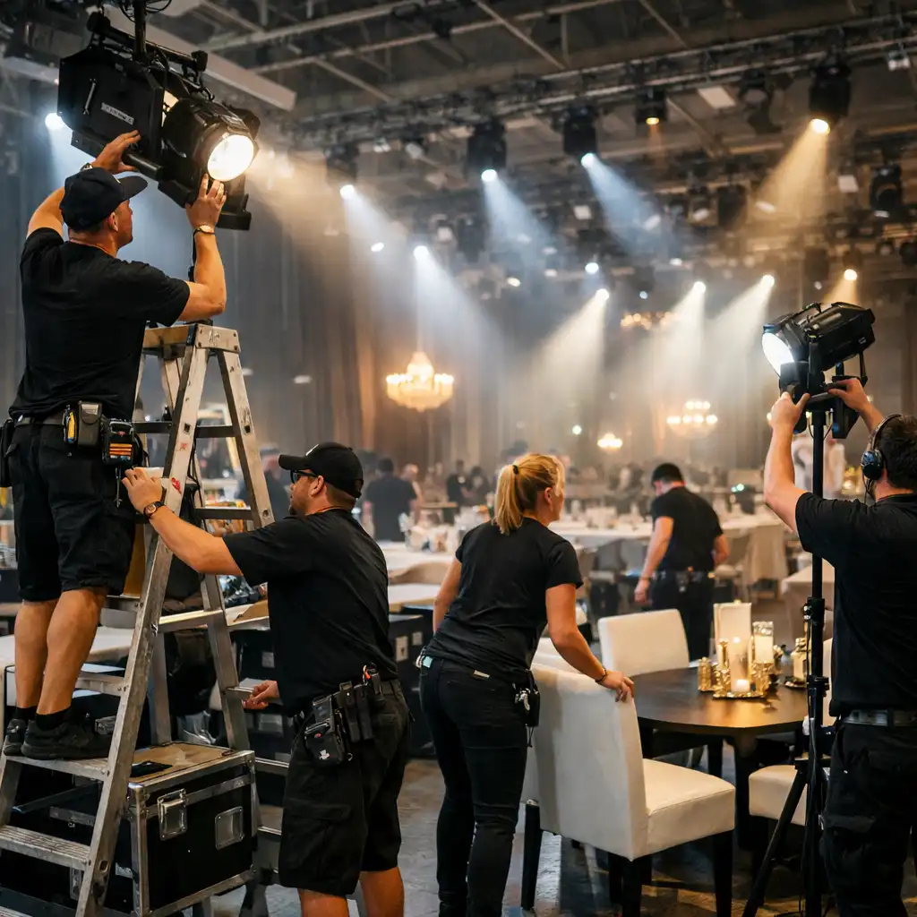 Production team adjusting lighting fixtures and arranging furniture in a large event space