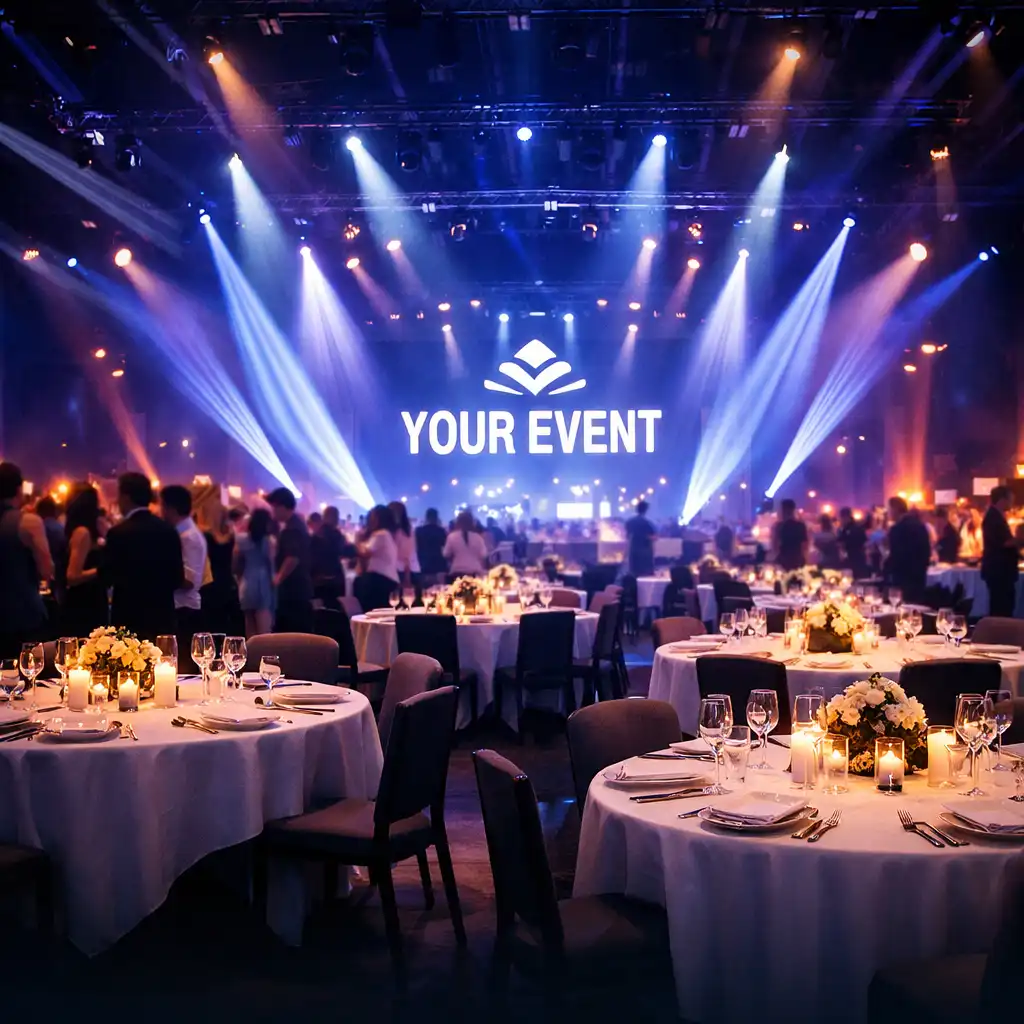 Dramatically lit transformed event venue with stage lighting, round tables, and a branded backdrop