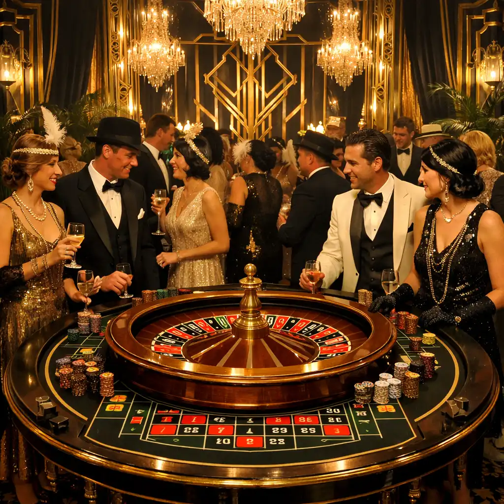 Great Gatsby themed party with art-deco decor and roulette table