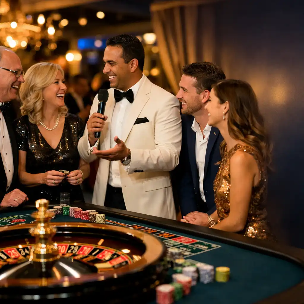 Guests enjoying a themed event with a physical roulette table and a host interacting with attendees