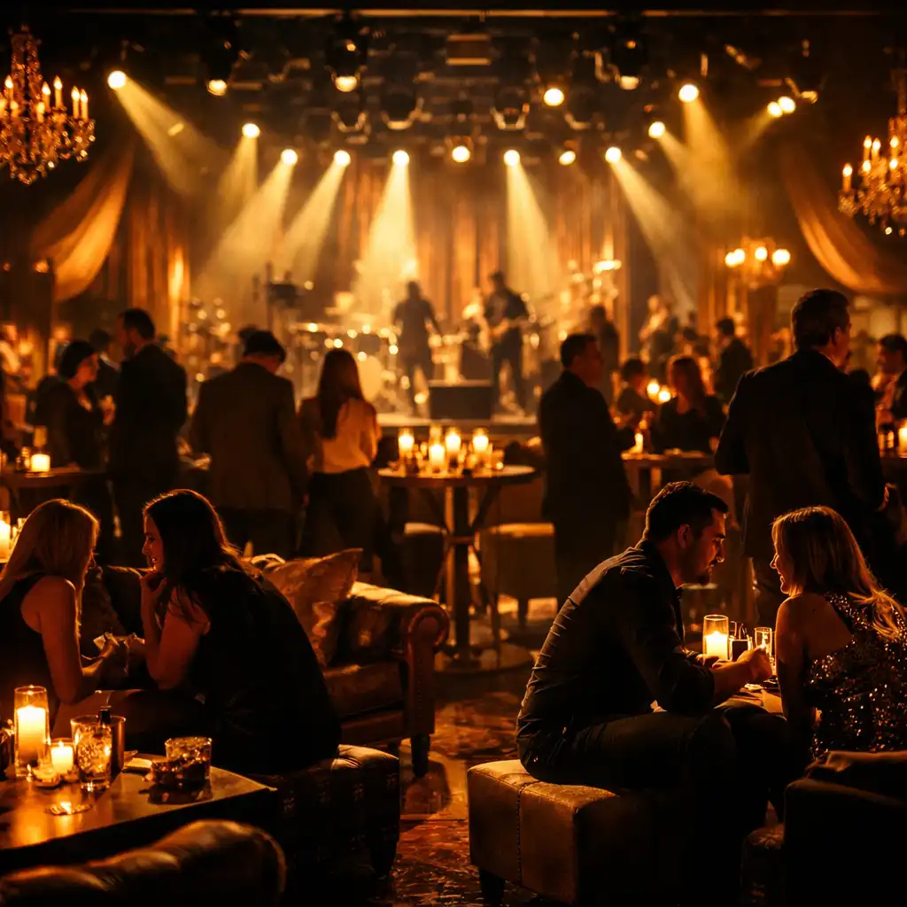 A transformed event space with dramatic lighting, elegant furniture, and a stage in the background