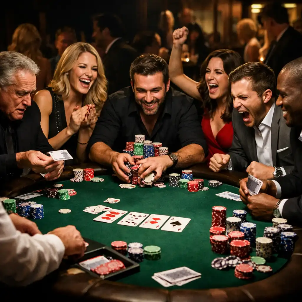 A professional poker table with green felt, chips, and cards surrounded by guests in an elegant setting