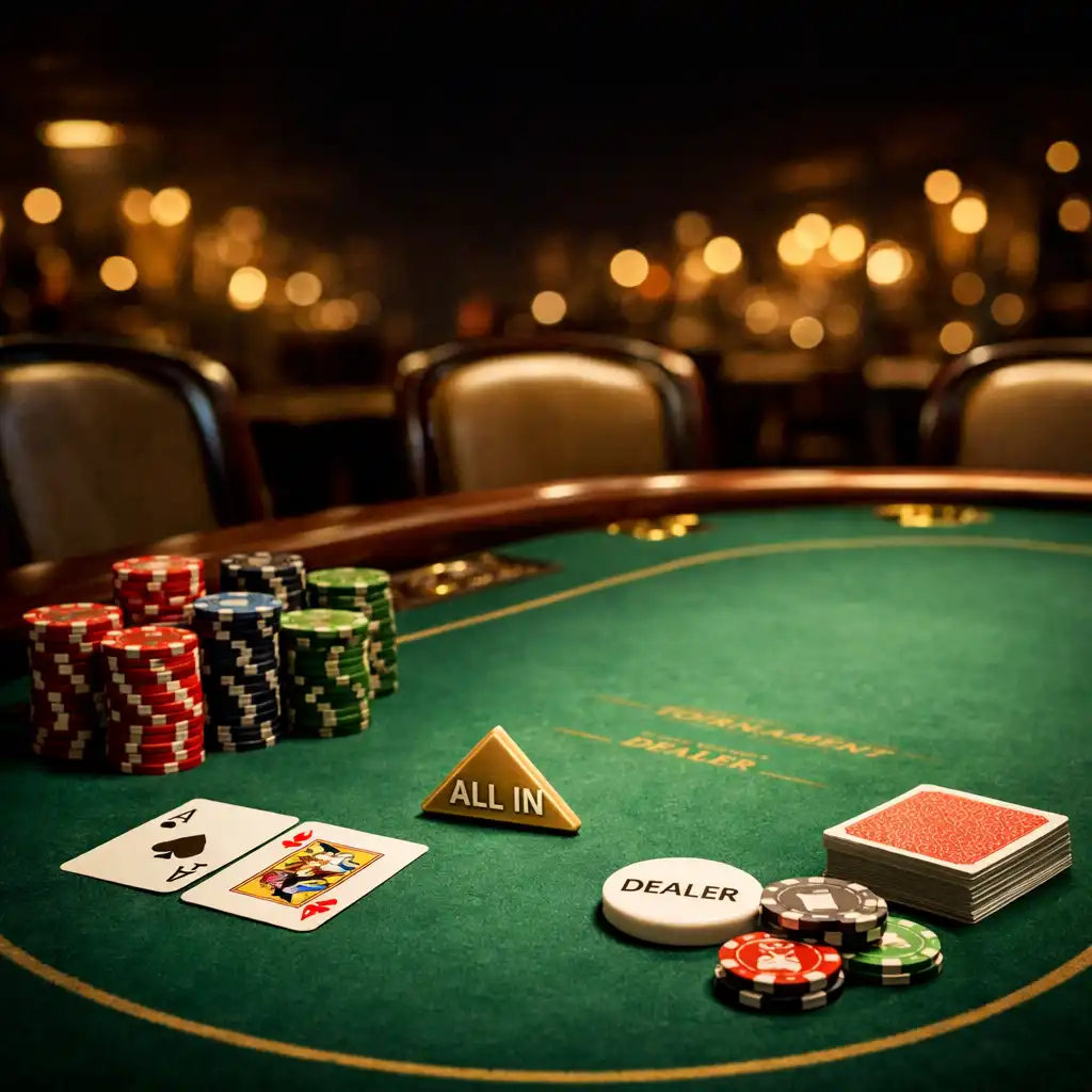 Professional poker table setup with green felt, chips, and cards