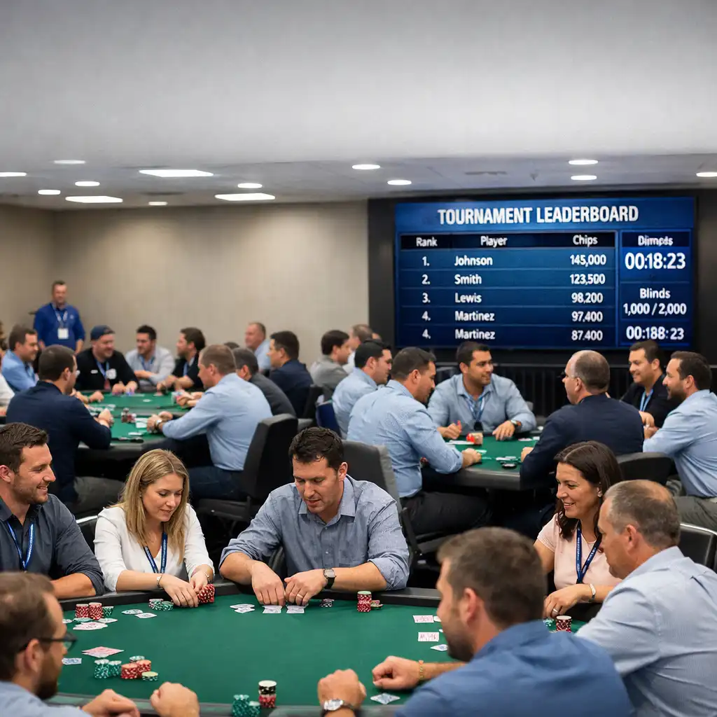Corporate team-building poker tournament with multiple tables