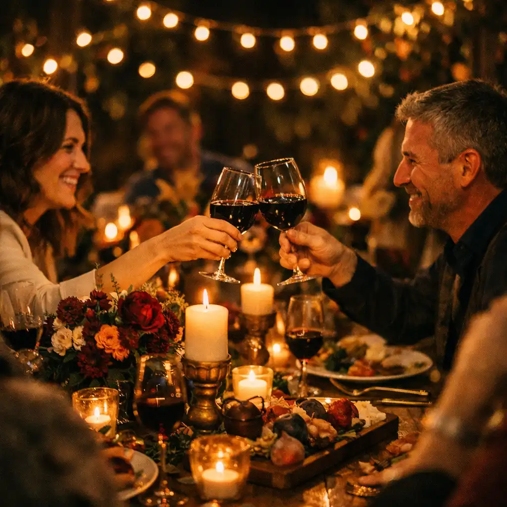 A private celebration with bespoke decor, warm string lights, and a beautifully set table