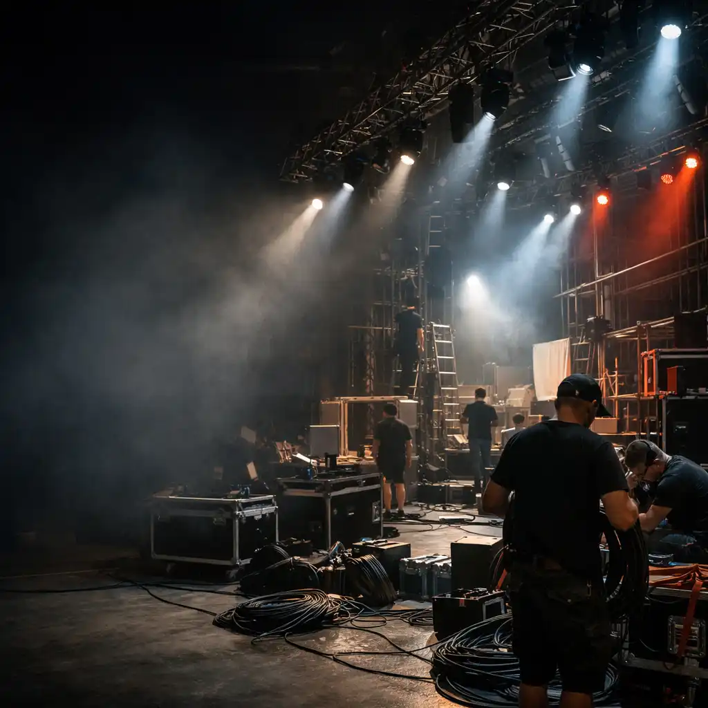 Backstage area during event setup with stage lighting rigs and crew members working