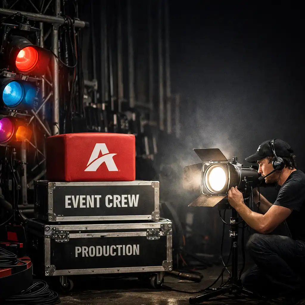 Backstage production detail with lighting rig and technician adjusting a spotlight