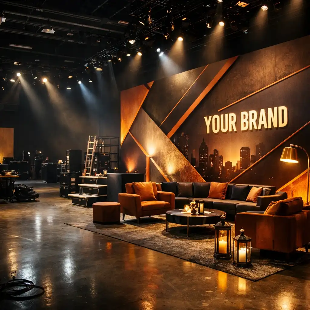 Venue being transformed with custom scenography, branded wall, dramatic lighting, and stylish furniture