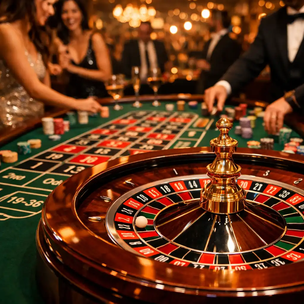 Roulette station with polished wheel and croupier