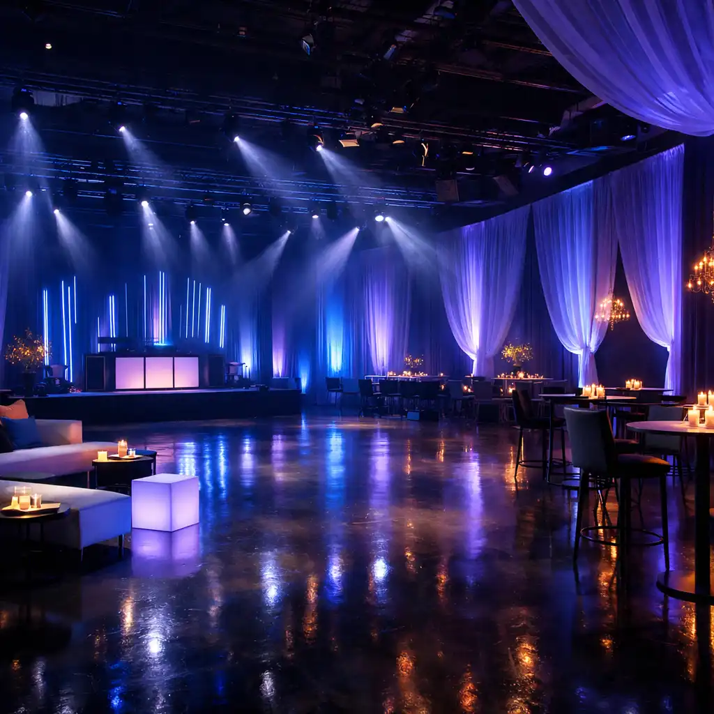 Transformed event venue with dramatic blue and purple lighting and elegant furniture
